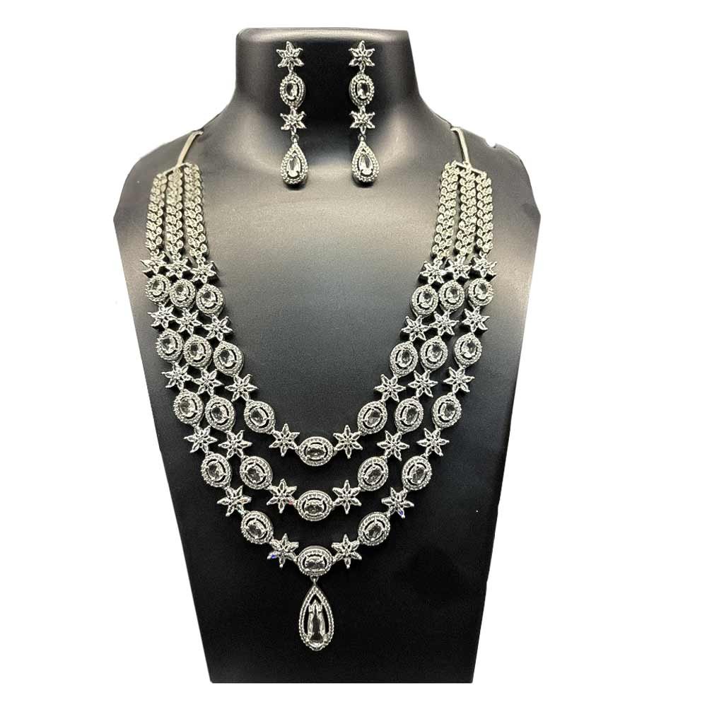 American Diamond Multi-Layered Statement Necklace Set - Star and Oval Design in Rhodium Finish