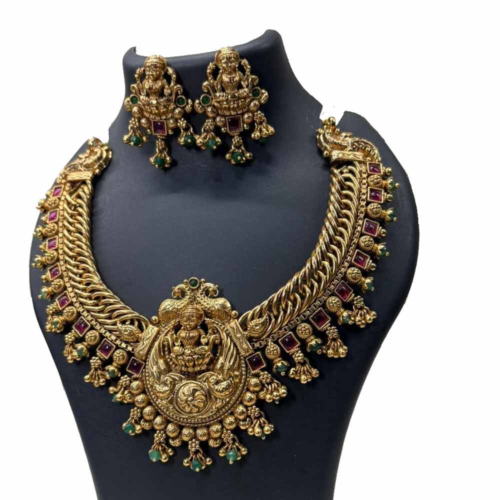 Traditional Kundan Meenakari Pearl Necklace Set with Green Enamel Work