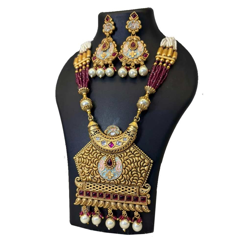 Antique Gold Finish Pendant Necklace Set with Maroon Beaded Chain - South Indian Temple Jewellery