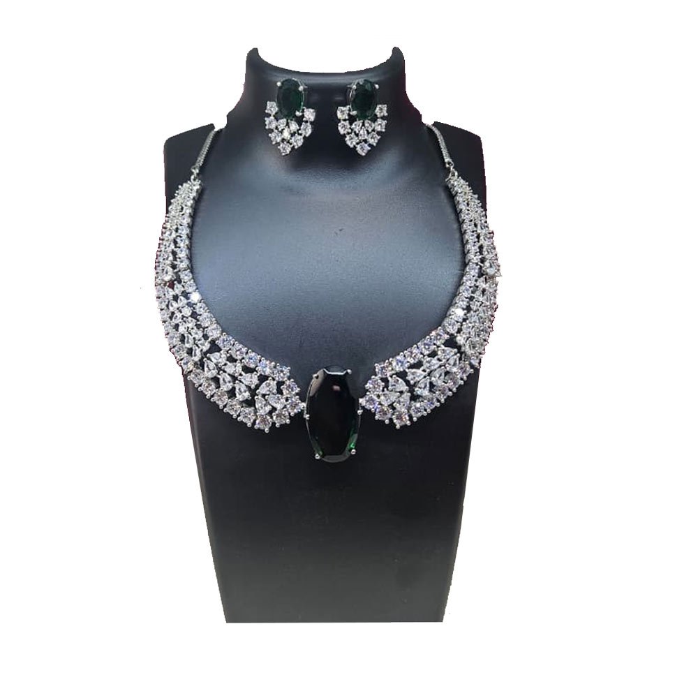 American Diamond Long Necklace Set with Ruby Red Stone - Multi-Strand Rhodium Plated