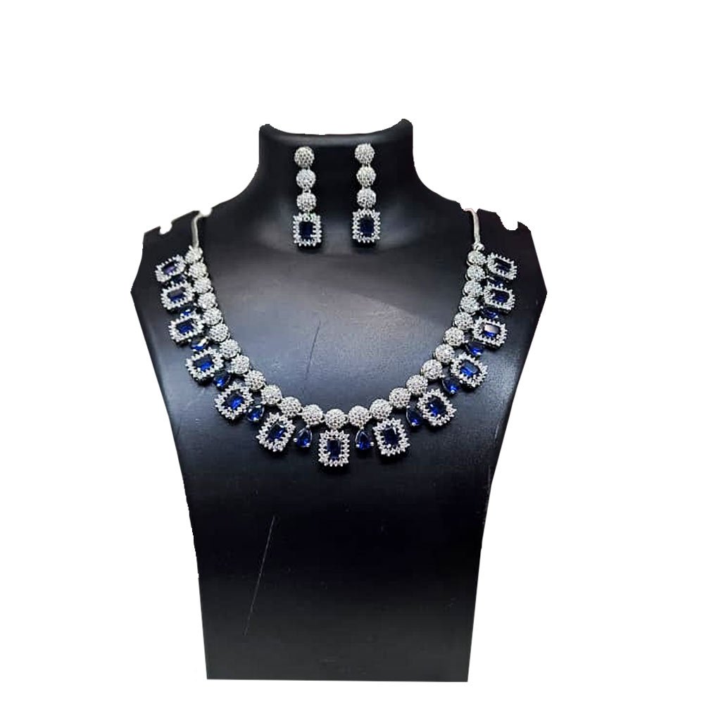 American Diamond Waterfall Necklace Set - Silver Gold Plated AD Jewellery with Dangling Earrings