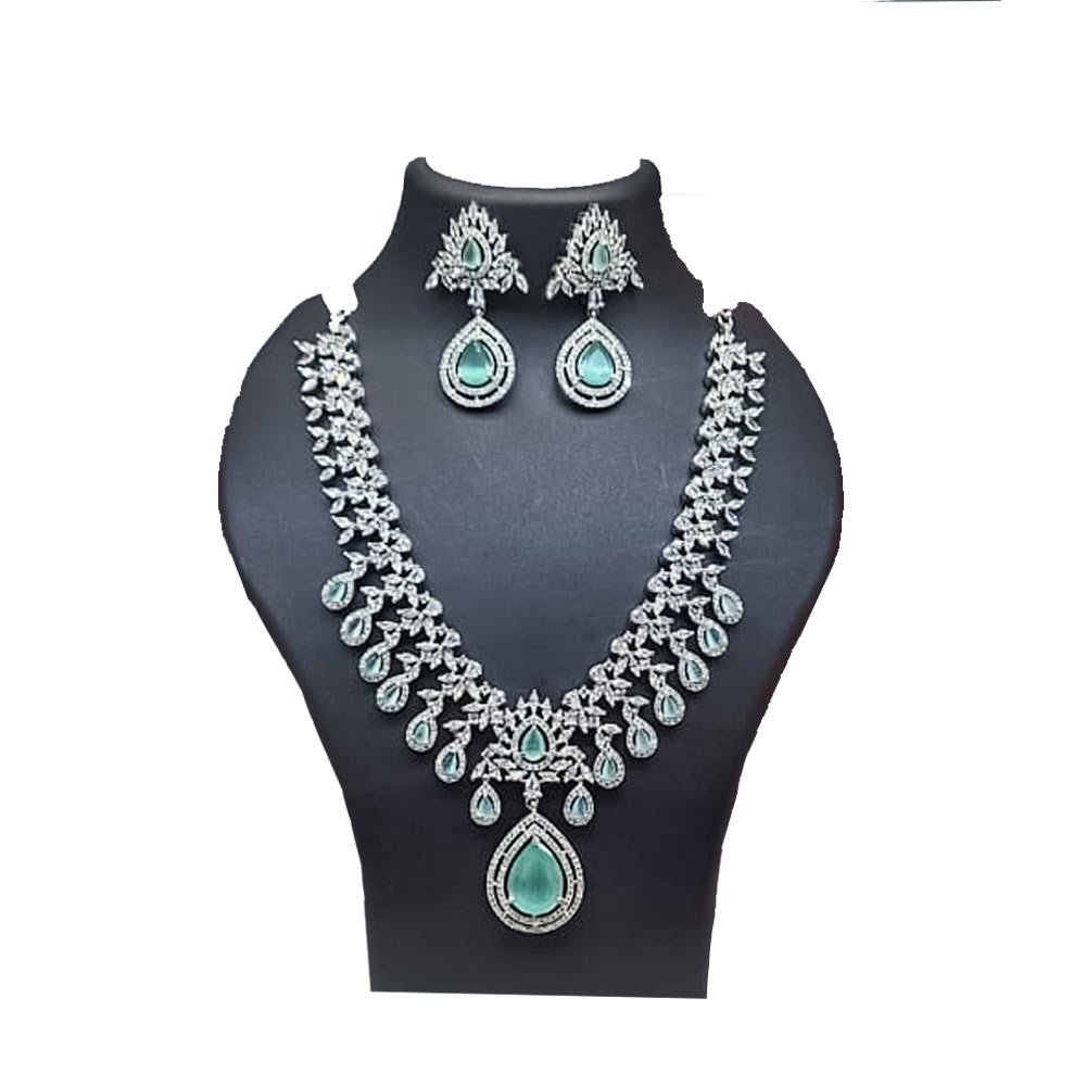 Aqua Blue AD Stone Necklace Earrings Set - American Diamond Multi-Layer Wedding Jewellery