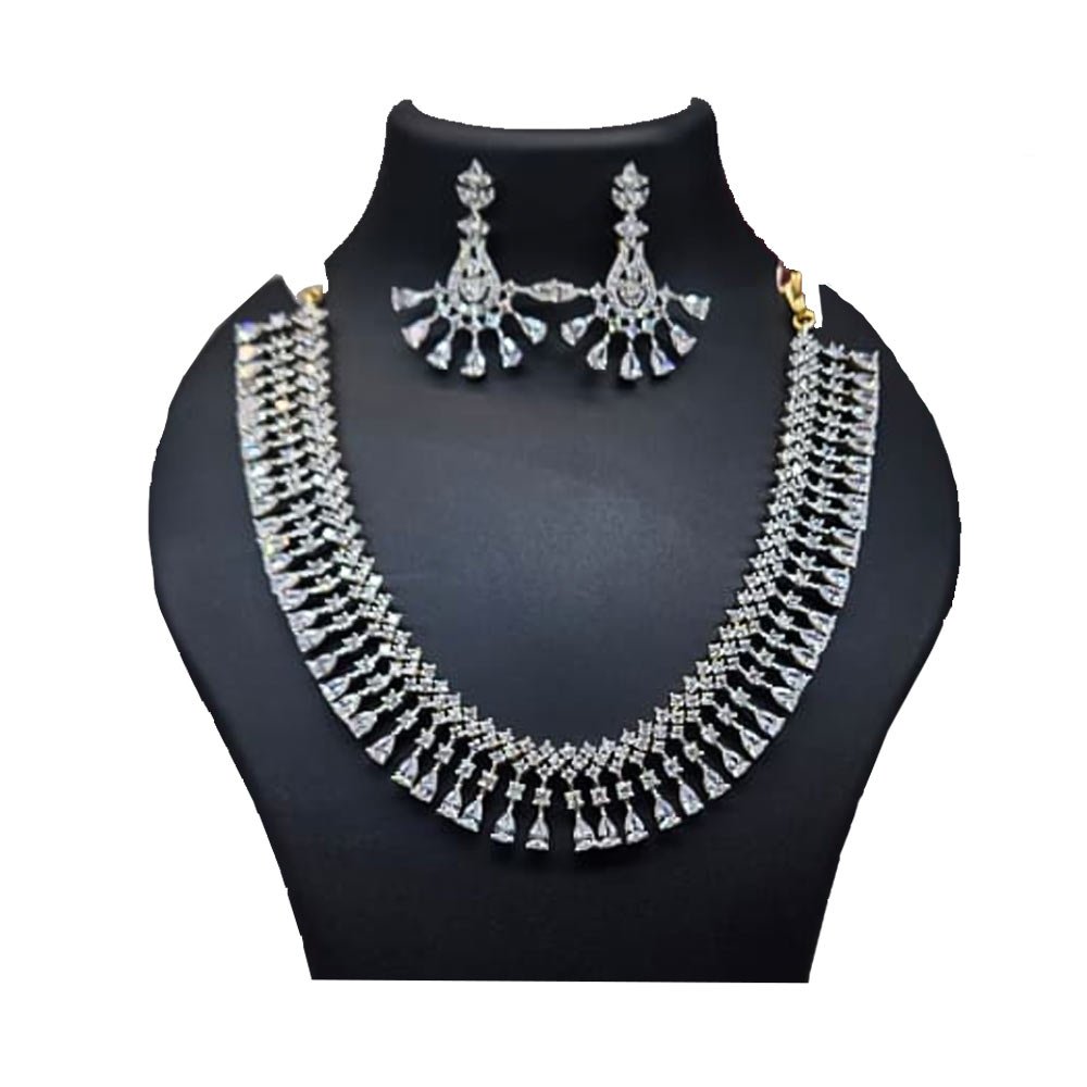 American Diamond Baguette Collar Necklace Set - Contemporary Rhodium Plated Statement Jewelry