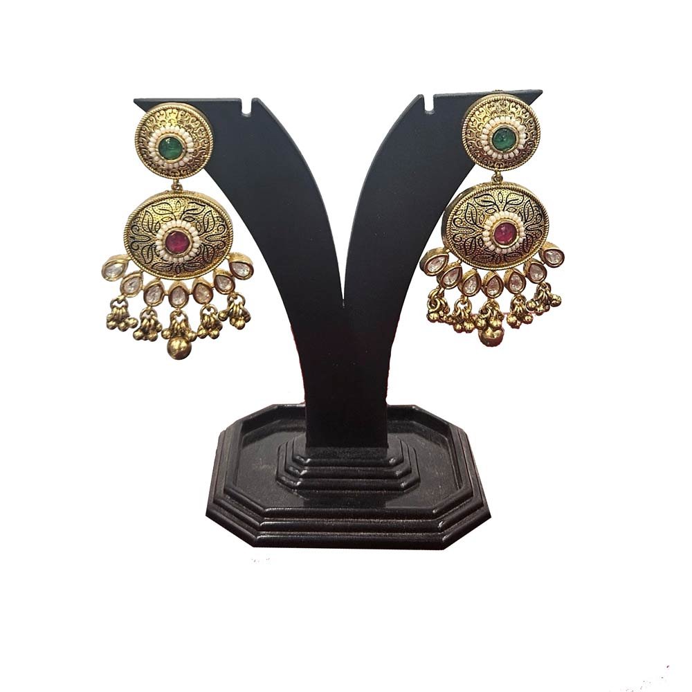 Antique Gold Chandbali Earrings with Green & Pink Stone – Kundan Pearl Drops