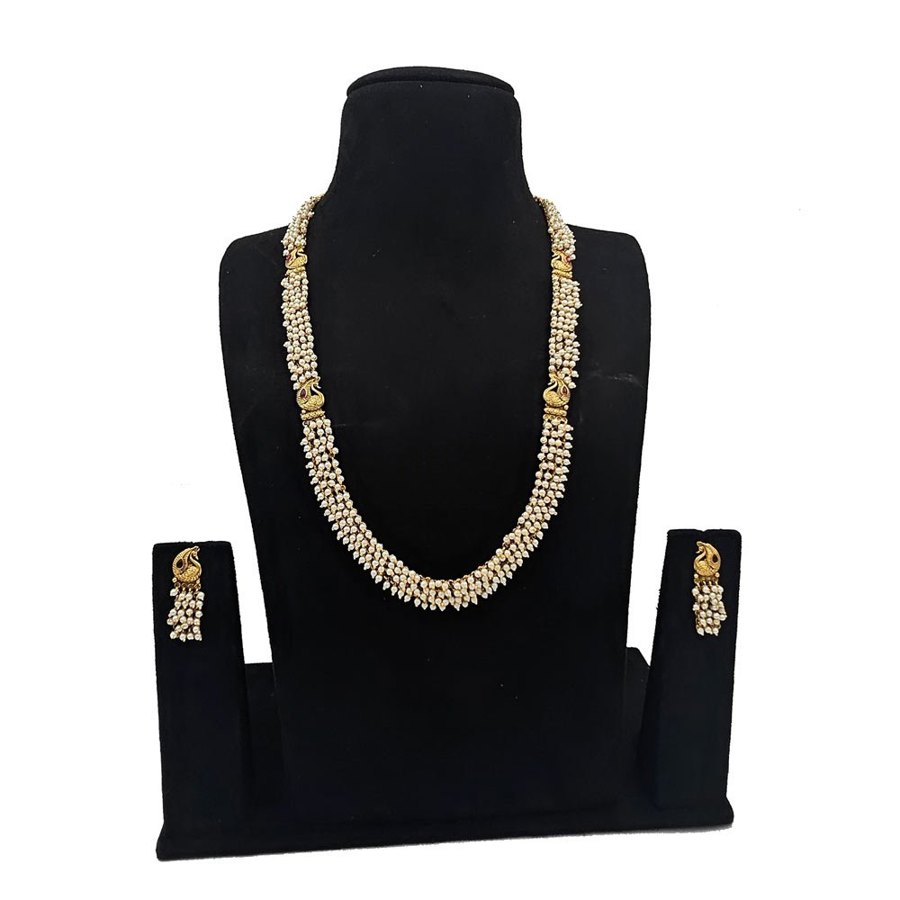 Traditional Pearl Necklace Set with Peacock Motif – Gold Plated Long Haar