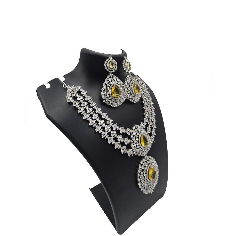 Designer Yellow Stone Statement Necklace Set - AD
