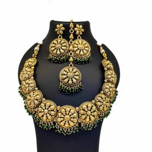South Indian Antique Gold Coin Necklace Set with Green Beads - Traditional Kasumala Design