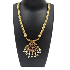 Long Necklace with Ruby Pearl Pendant - Antique Gold Temple Jewelry Chain