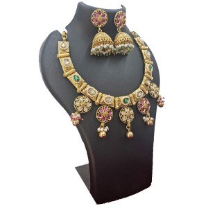Antique Gold Kundan Necklace Set with Jhumki – Ruby & Emerald Temple Jewellery