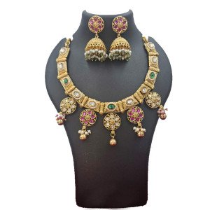 Antique Gold Kundan Necklace Set with Jhumki – Ruby & Emerald Temple Jewellery