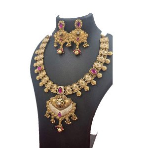 Traditional Gold Plated Necklace Set with Kundan Stones – Antique Temple Jewellery with Jhumka Earrings