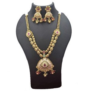 Antique Gold Long Choker Necklace Set with Ruby Emerald Stones - Traditional Kasulaperu Design