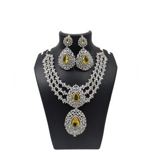 Designer Yellow Stone Statement Necklace Set - AD